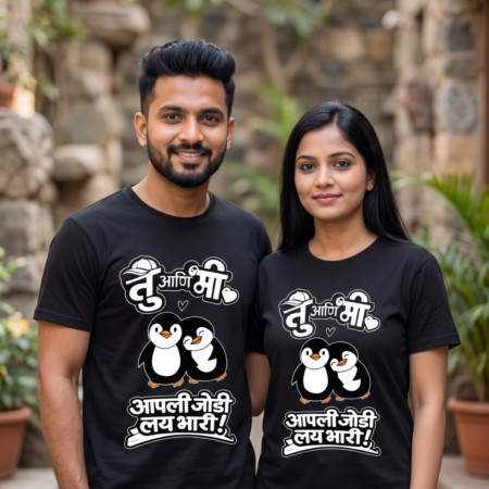 Unisex Regular Cotton T-Shirt – “Tu Ani Mi, Aapli Jodi Lay Bhari” | “तू आणि मी, आपली जोडी लय भारी”